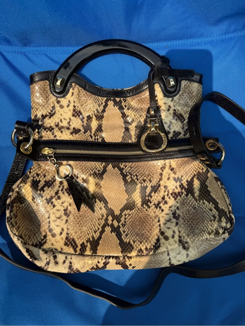 Beautiful Snake-Skin Shoulder Bag with Black Trim and Gold Hardware. Authentic